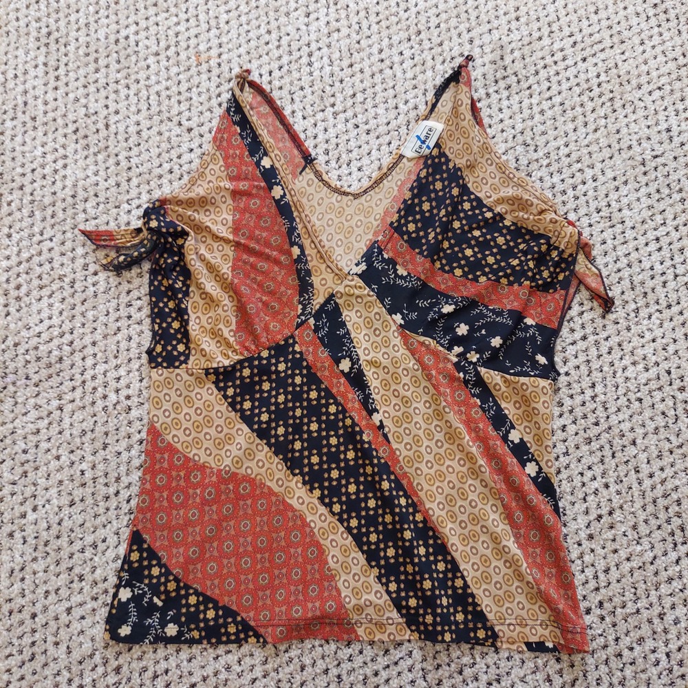 BEWARE Patchwork Print Tank Top V Neck Sleeveless‎ Women Large USA Boho Grunge